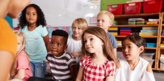 Group Of Elementary School Pupils Sitting On Floor Listening To Female Teacher Read Story