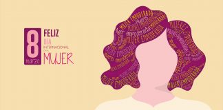 Greeting Card FELIZ DIA INTERNATIONAL DE LA MUJER - HAPPY INTERNATIONAL WOMEN S DAY in Spanish language Silhouette of woman with purple hair filled with the words EMPOWERED WOMAN on yellow background